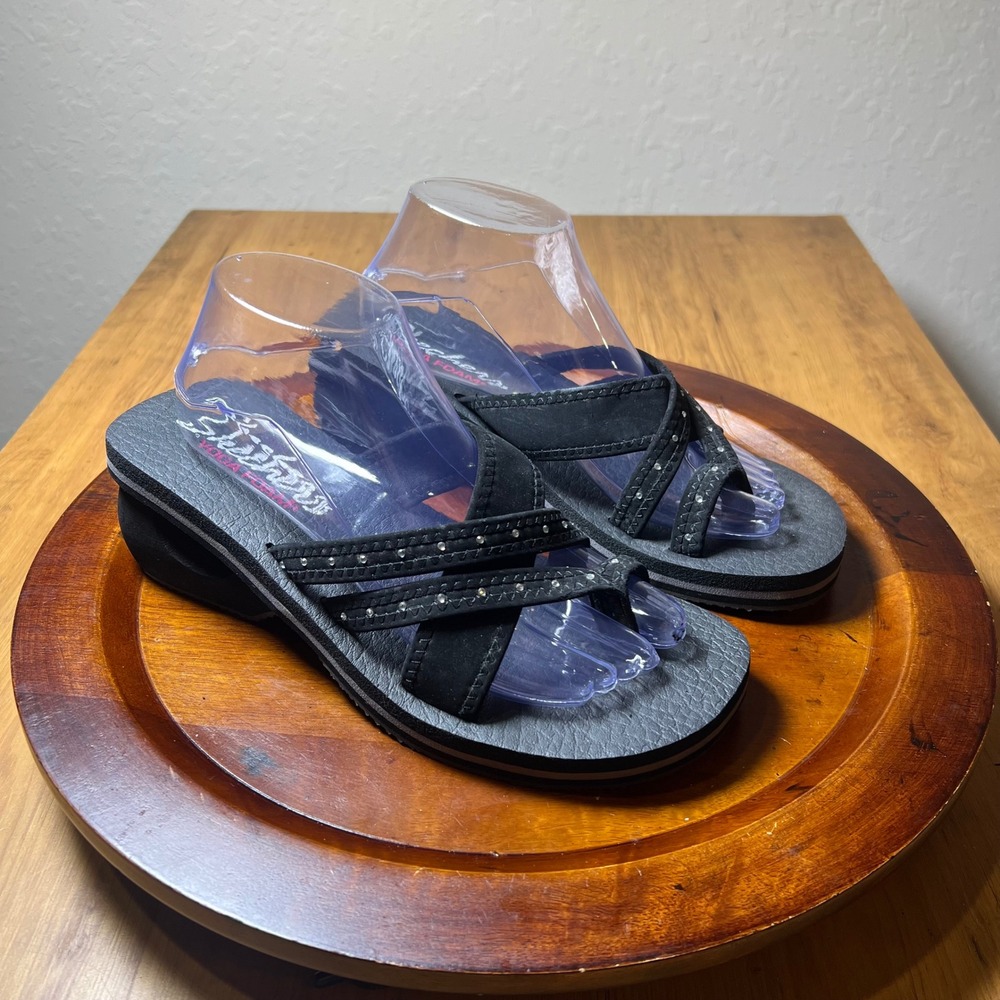Skechers Wedge Sandals Women Cali Rumblers Rhinestone Yoga Foam 10 Black Coastal